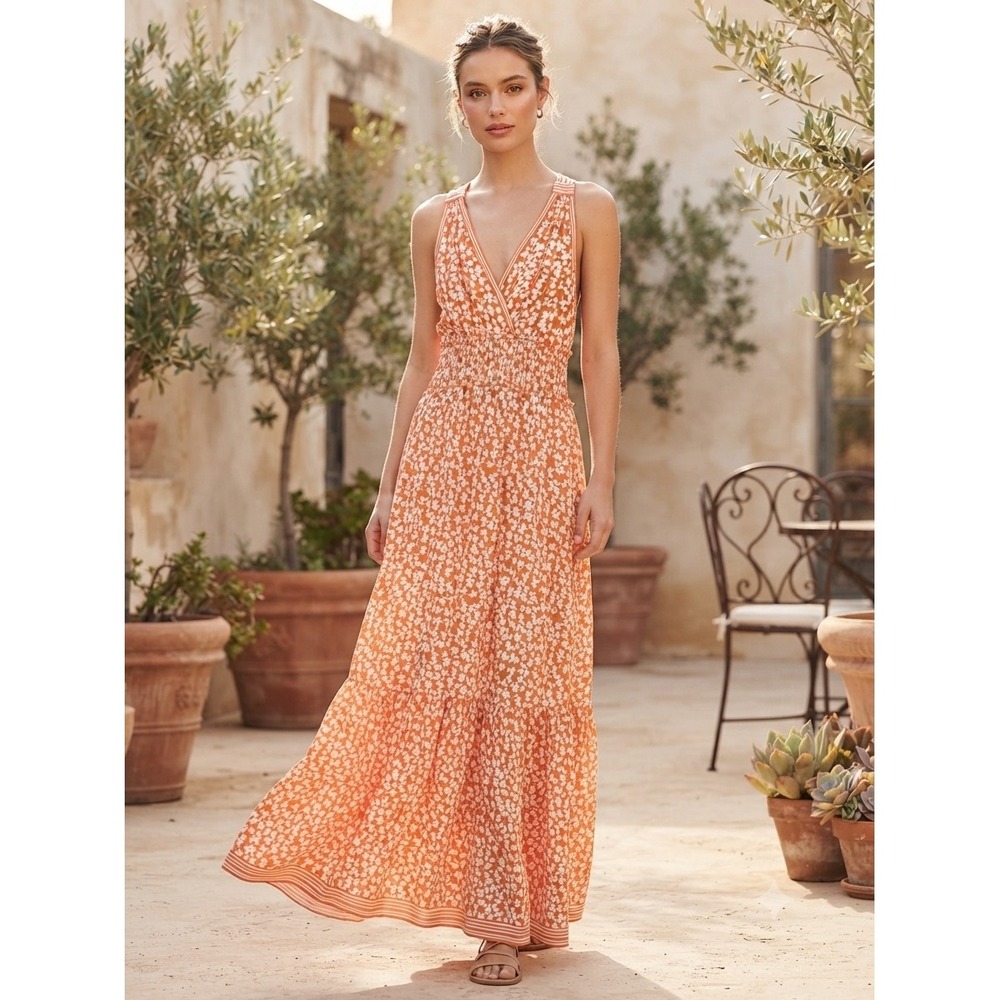 Max Studio London Orange Floral Smocked Waist Tiered Maxi Dress Small Pockets